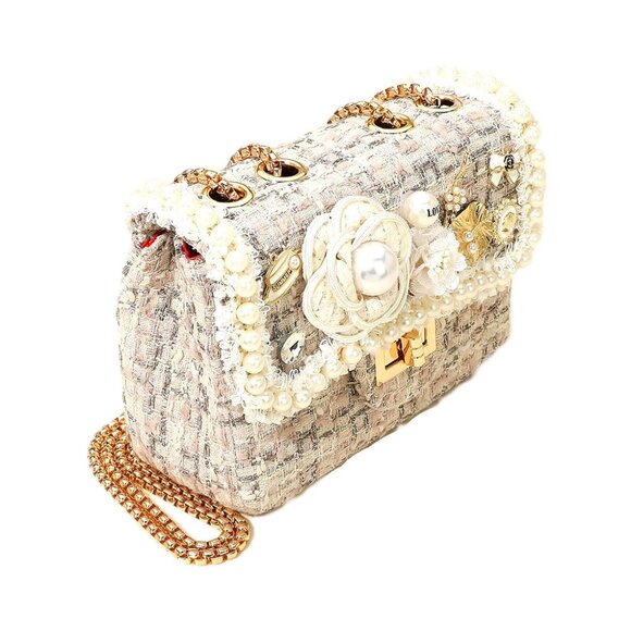 Tigerstars Pink Floral Pearly Beads Cluster Tweed Crossbody Bag - Picture 2 of 4